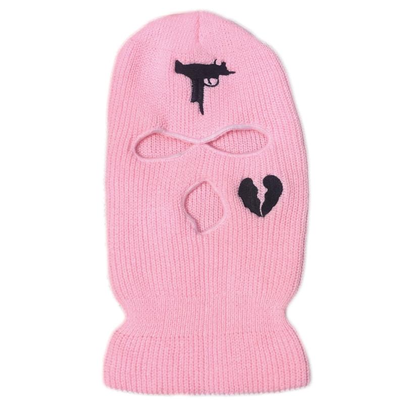 3-Hole Solid Color Embroidered Balaclava Knit Hat Face Mask Neck Gaiter Windproof Warm for Spring Fall Winter Daily Wear