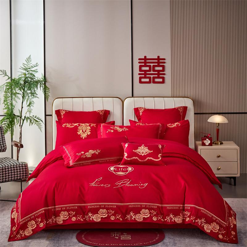 High-End Long-Staple Cotton Wedding 4Pcs Set Chinese Wedding Wedding Kit Big Red Embroidery Pure Cotton Wedding Bedding