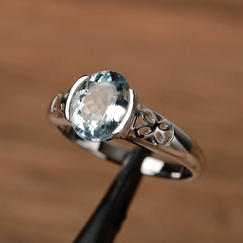 Damen Blauer Aquamarin Edelsteinring Ovalschliff 925 Sterlingsilber März Geburtsstein Versprechen Hochzeitstag Trage-Ring