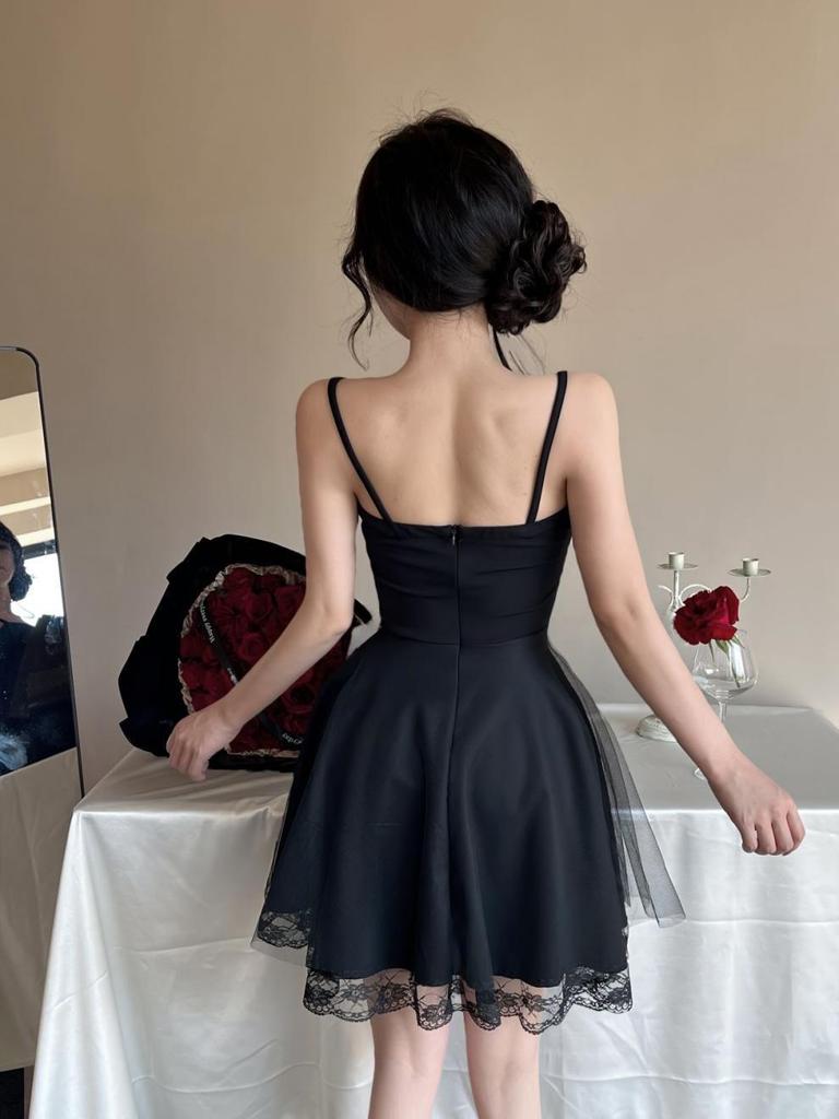 Sweet Princess Mesh Patchwork Camisole Dress – Elegant Waist-Cinched A-Line Mini with Open Back