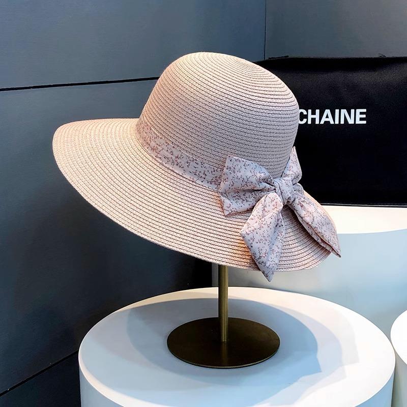 Hepburn style straw hat seaside vacation sun hat summer straw braided big brim temperament bow sun hat women's