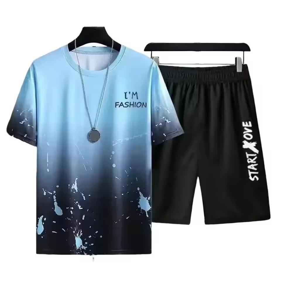 Men's New Summer Fashionable Breathable Round Neck Top Paired with Letter Pattern Drawstring Shorts Casual Sweat Wicking Set