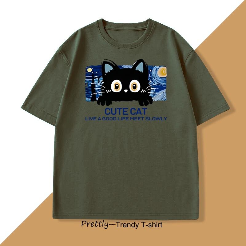 Cute Cat T Shirt Casual Cotton Short Sleeve Round Neck Tshirt Men Women Loose O Neck Male Tee Shirt Oversized Tee Shirt Street