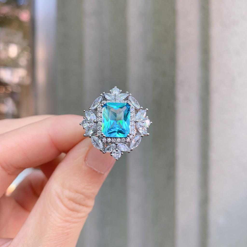 Jewelry Simulation Topa Blue Retro Stud Earrings Ring Pendant Gift Three-Piece Set 8 * 10