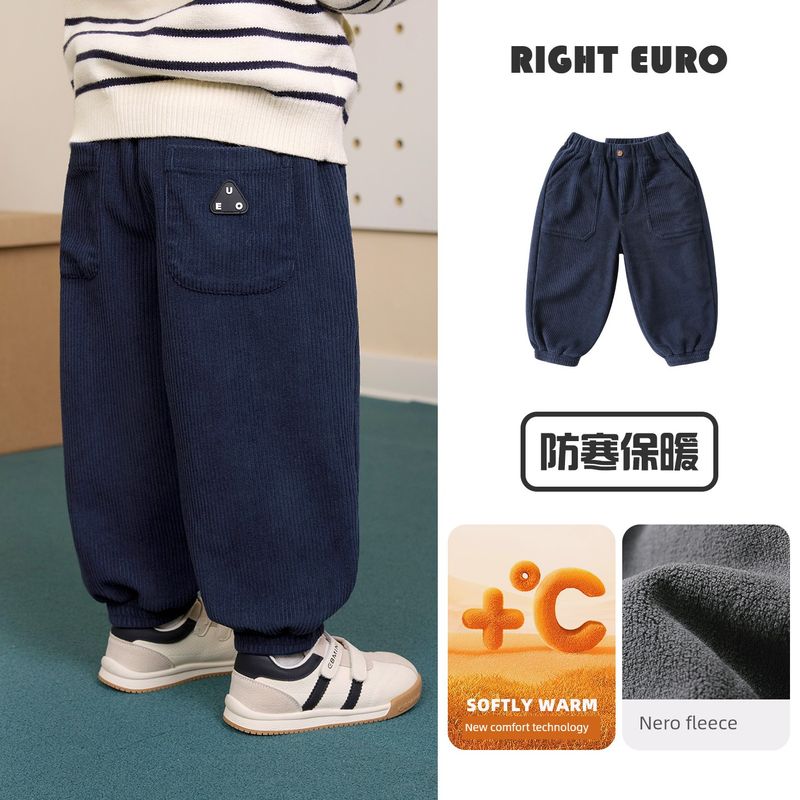 Right European Style Boys' R Series Thickened Trousers with Fleece, Warm Casual Pants, New Winter Children's Clothing for Babies