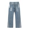 FlowStreet Retro American Torn Fringe Knee Patchwork Micro Flared Black Jeans Youth Fashion Straight Leg Workwear Trousers Wear Resistant