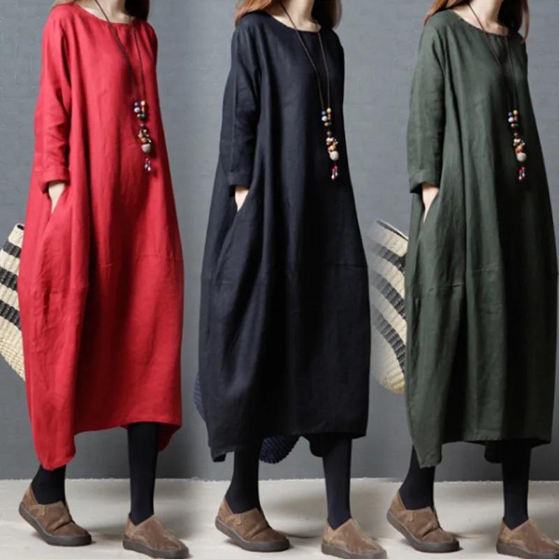 Abito Maxi da Donna in Lino a Manica Lunga con Scollo a O, Oversize Casual, Tunichetta Lunga Dritta