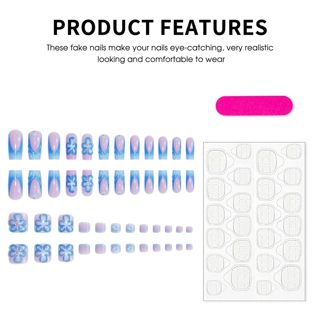 Pink False Nails Toenails with French Blue Tip Prevailing Natural Look Press-On Nail Sets for Working Dating or Partying