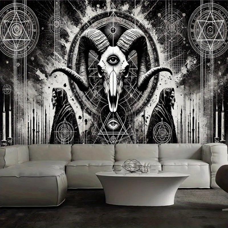 Gothic Infernal Goat Landscape Tapestry, Grunge Occult Symbol Geometry Wall Cloth, Cool Backdrop For Bedroom Home Space Indoor