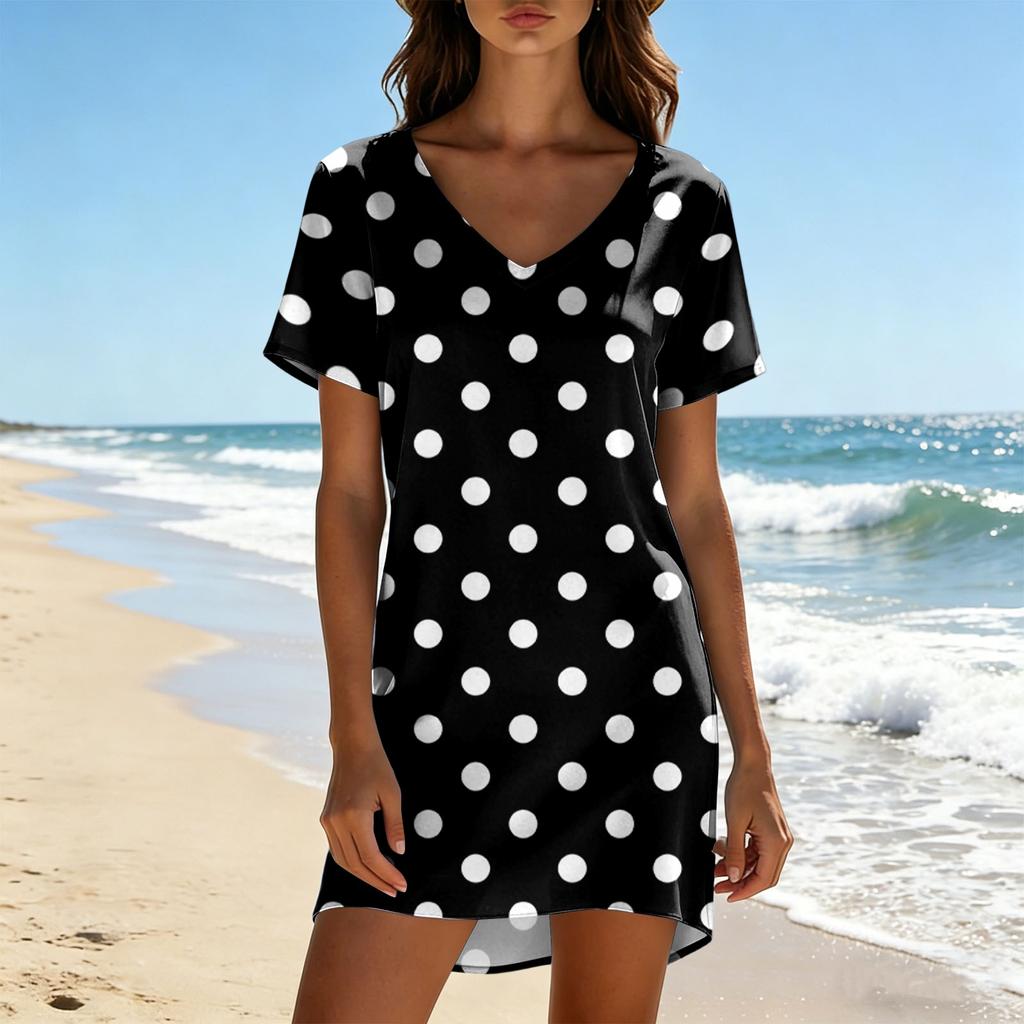 Women's Summer Casual V Neck Short Sleeve Striped Dress Loose Fit Lightweight Soft Fabric Knee Length