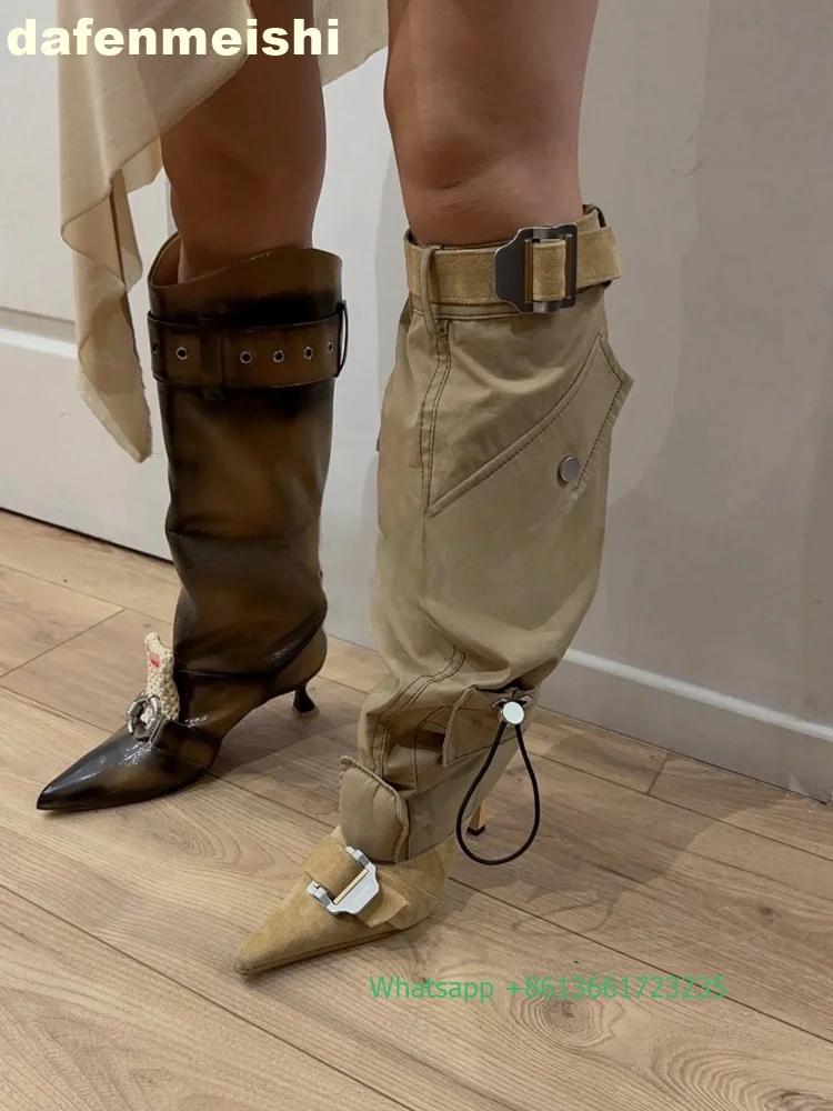 Fashion Belt Buckles Pleated Knee-High Boots 2025 Winter New Fashion Thin Heel Pointed Boots Black/beige Side Pocket Zip Splicing Boots