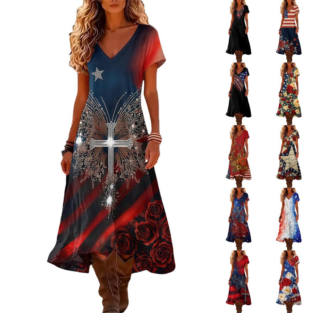 Women’s Short Sleeve V Neck Maxi Dress with Floral Print and Flag Pattern Casual Loose Fit Summer Dress