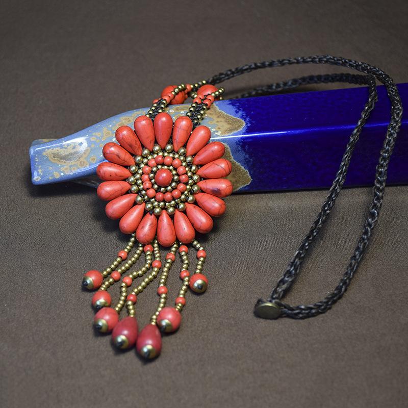 

Длинное ожерелье из натурального камня в стиле бохо, женская ретро вощеная веревка, ручная работа, цепочка для свитера с цветком
