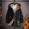 Men's Winter Fleece-Lined Hooded Mid-Length Printed Cotton Coat - Trendy & Warm Casual Jacket