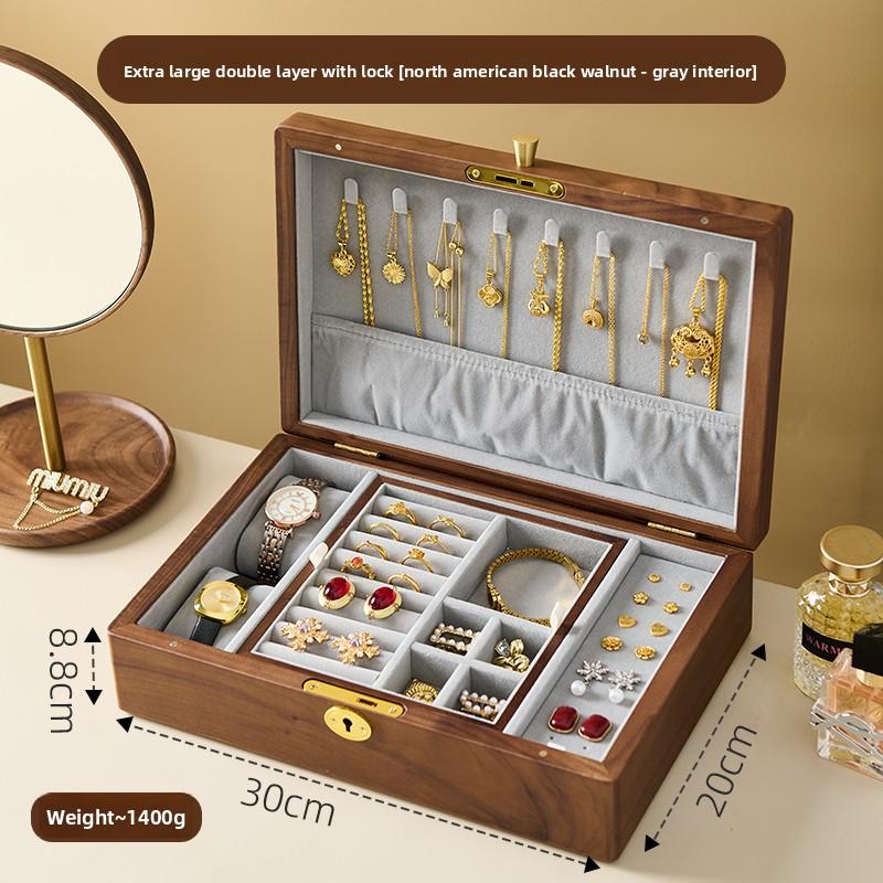 Elegant Walnut Wooden Double Layer Jewelry Box Portable Travel Organizer with Built-in Storage Compartments