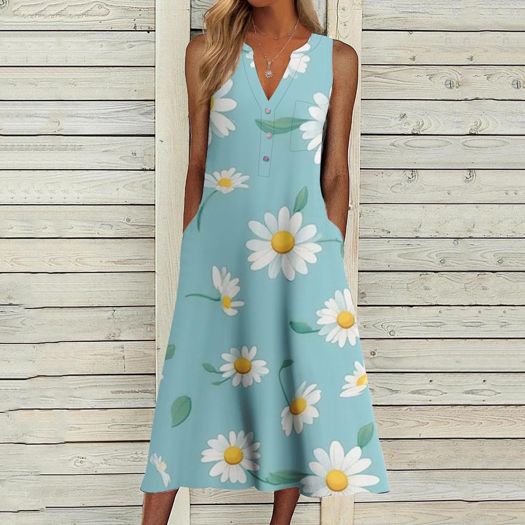 European and American summer new women's clothing, fashionable pocket V-neck striped sleeveless casual dress