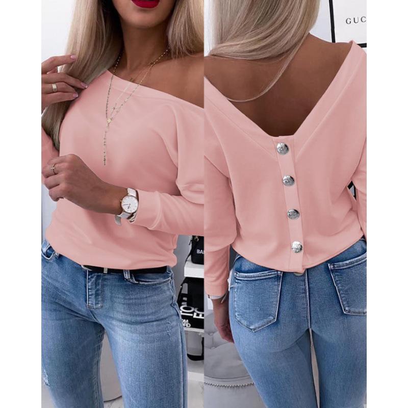 Herbst Damen Rückenfreies Langarm-Top mit Rückenknopf