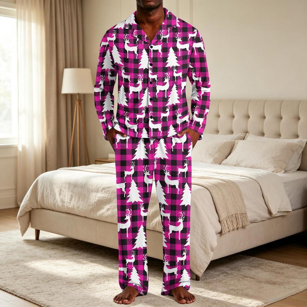 Herren lockere Passform Weihnachtsdruck Pyjama-Set mit Knopfleiste und geradem Bein - Zweiteilige Feiertags-Nachtwäsche
