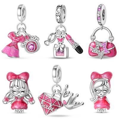 New Product Copper Color Pink Princess-Ponytail Girl Pendant Fit Pan Bracelet Diy Charm For Women Jewelry Fashion Gift