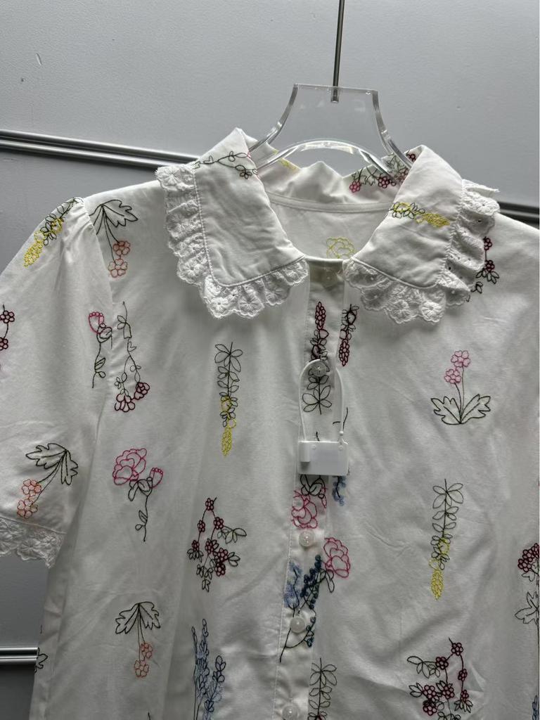 French Floral Embroidered Lace-Trim Lapel Short-Sleeve Loose Shirt for Women