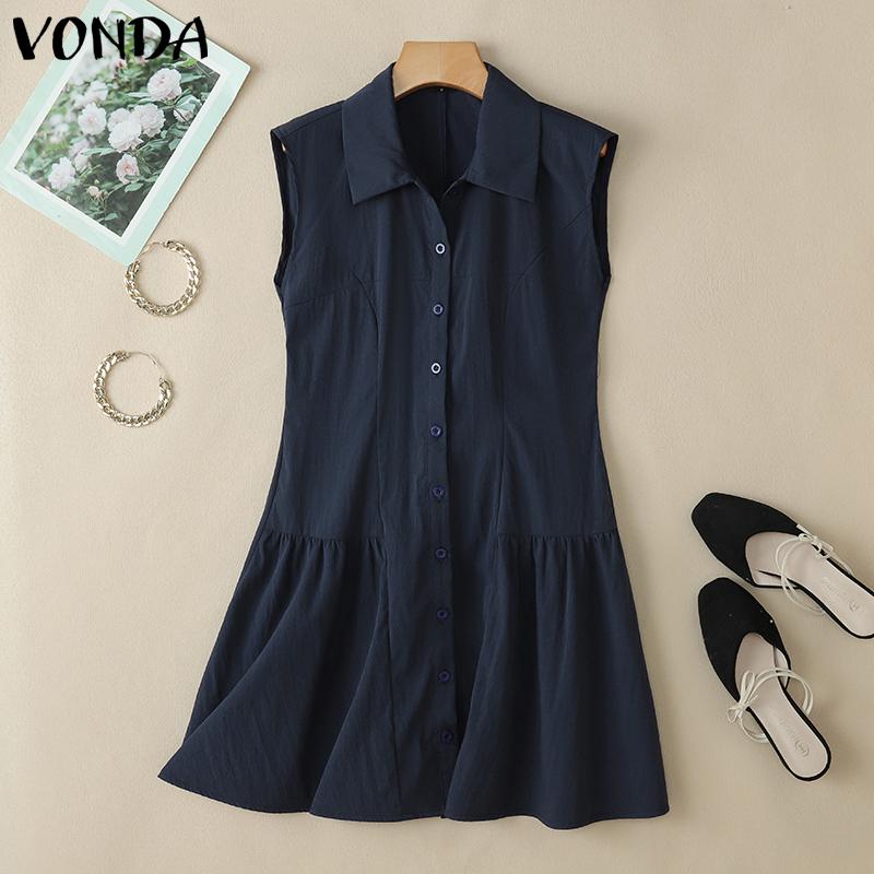 VONDA Summer Women Lapel Neck Sleeveless Buttons Up Ruffled Casual Tank Dress