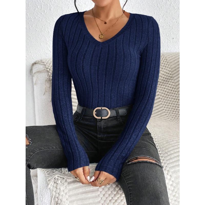 Women's Slim Sexy Knit Long Sleeve Top Women's V-Neck Neck Edge Clash Top New Autumn and Winter Women's Casual Pullover