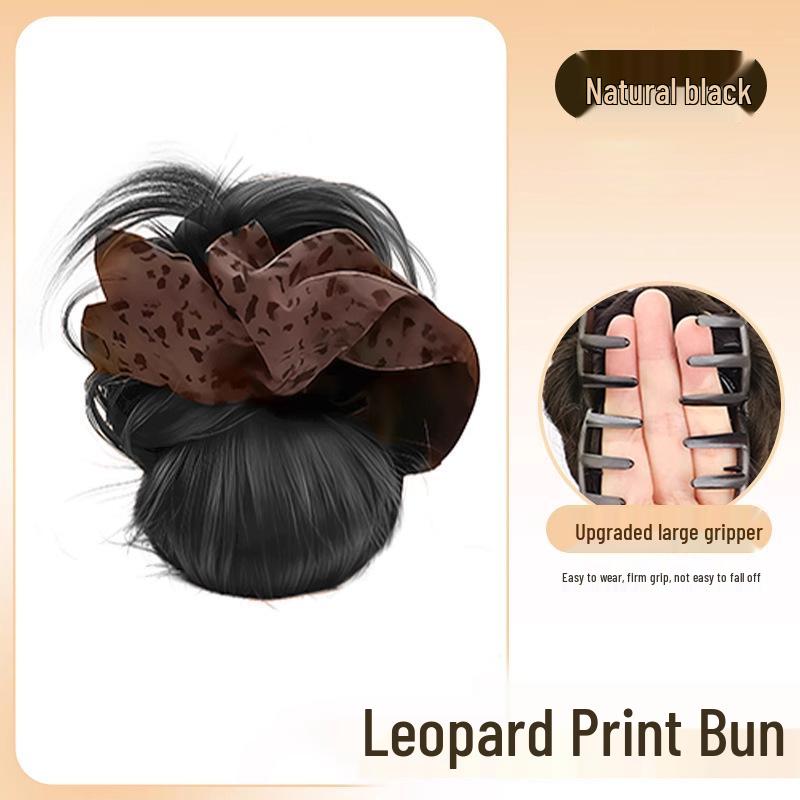 Retro Leopard Print Claw Clip Low Bun with Hair Tie and Natural Fluffy Flower Bud Design