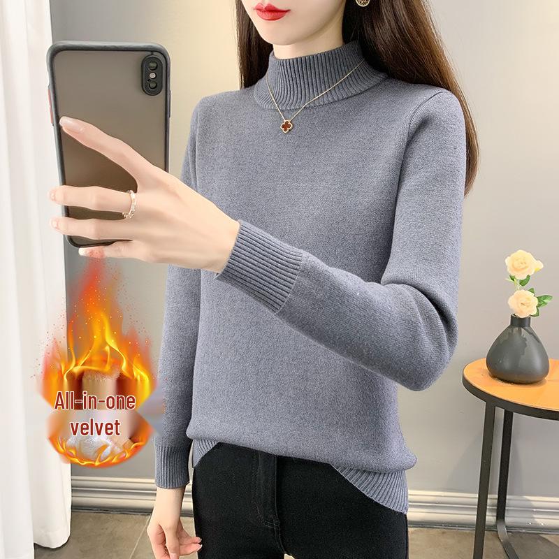 2025 Women's Autumn/Winter Half-High Collar Velvet-Lined Knit Sweater