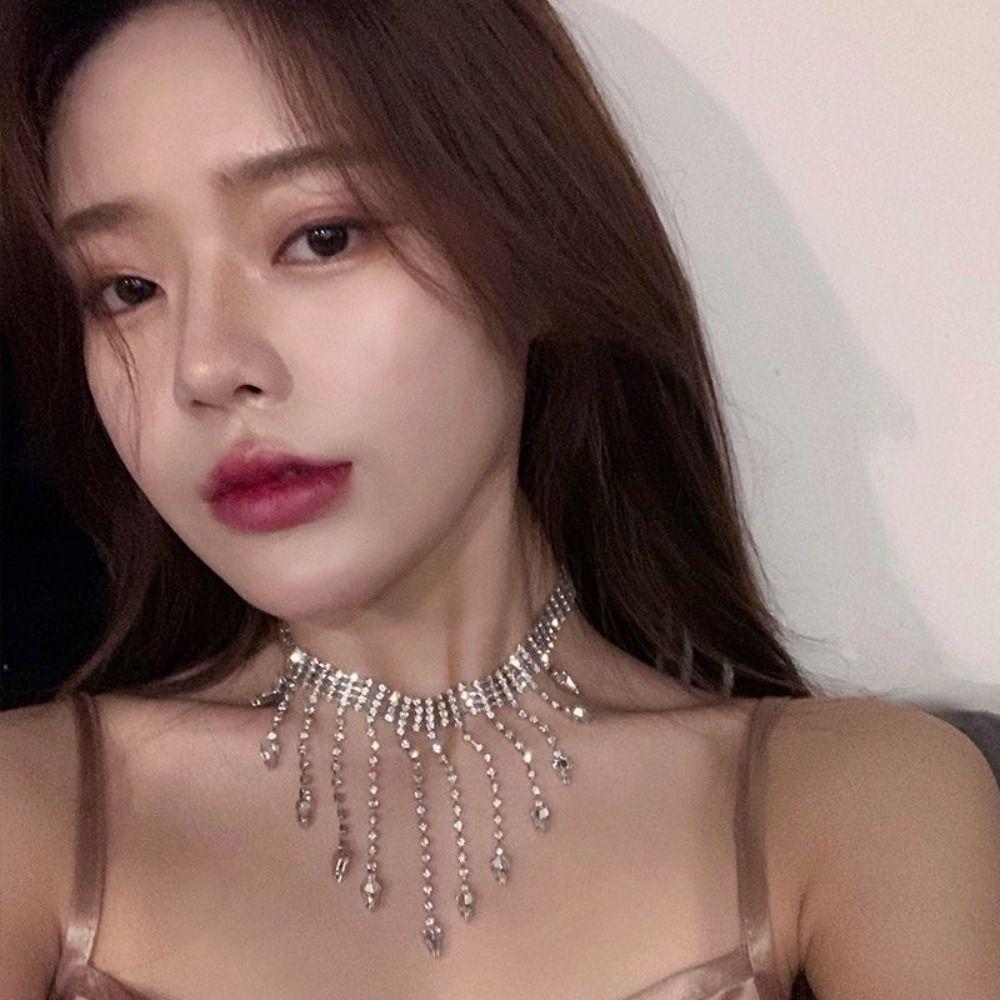 Geometric Full Rhinestone Necklaces Korean Style Wedding Bride Jewelry Tassel Necklaces  Wedding