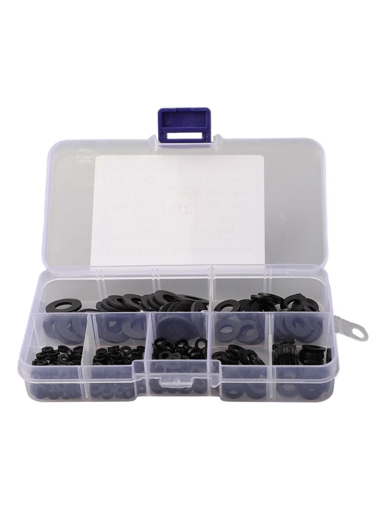 250pcs Washer Gasket Set Black Nylon Rubber Flat Ring Plain Repair Kit