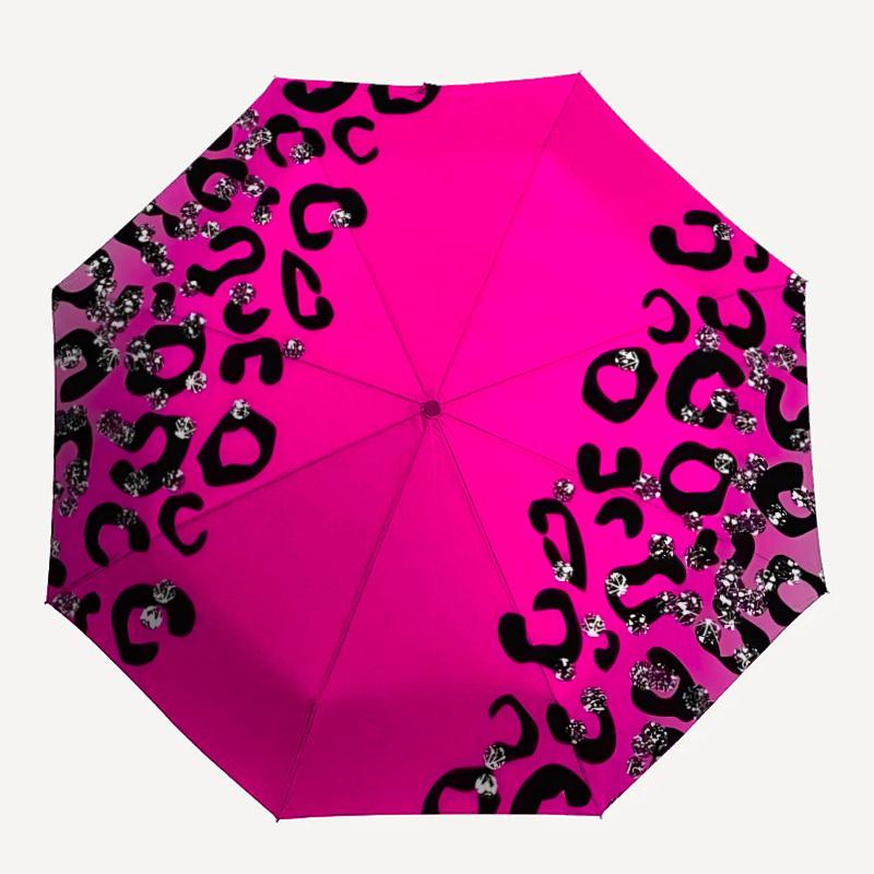 1pc Pink Leopard Print Automatic Folding Umbrella - 8-Rib Durable Iron Frame, Compact Portable for Daily Travel Yy251205086