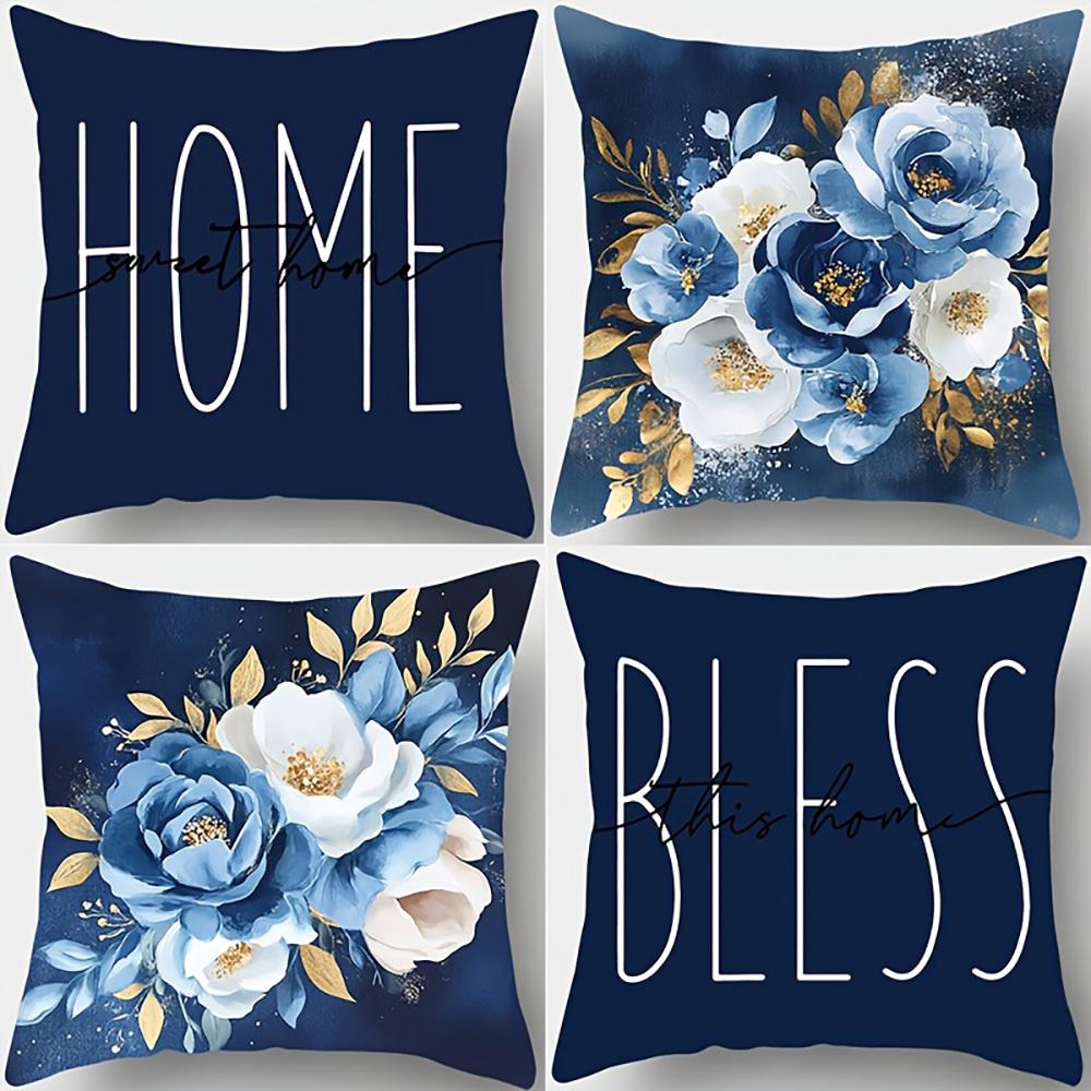 1/4pcs Blue Floral Home Bless Pillowcases Sofa Cushion Cover Home Bedroom Room Decoration