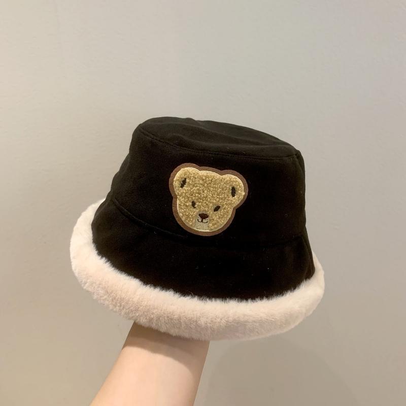 Cute Bear Plush Bucket Hat for Baby Autumn Winter Girls Boys Solid Color Fisherman Hats Thicken Warm Kids Outdoor Basin Cap