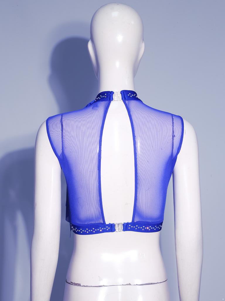 Womens Modern Dance Crop Top Sequin Embroidery Bow Decor Sleeveless Back Hollow Out Dancewear