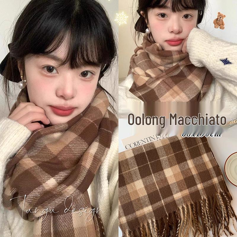 Sciarpa a Quadri Invernale da Donna, Stile Giapponese-Coreano Carino, Versatile Scaldacollo Caldo a Sciarpa