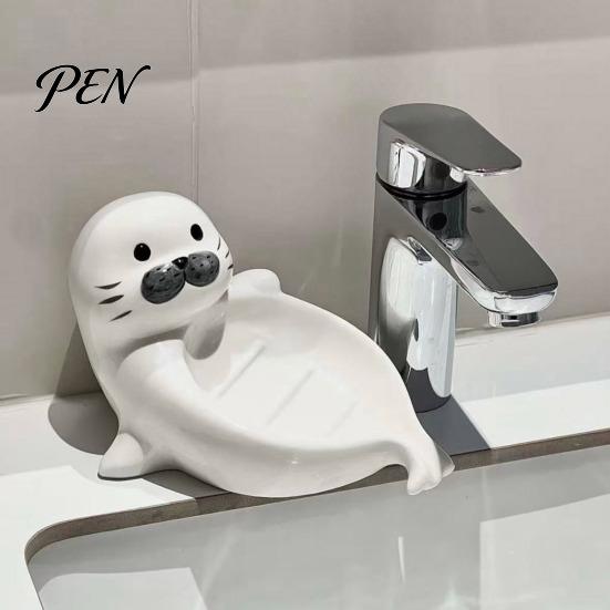 Cute Seal Soap Holder Ceramic Dish, with Self-Draining Design, Sponge Durable Organizer Tray, for Bathroom Countertop And Kitchen Sink Dish