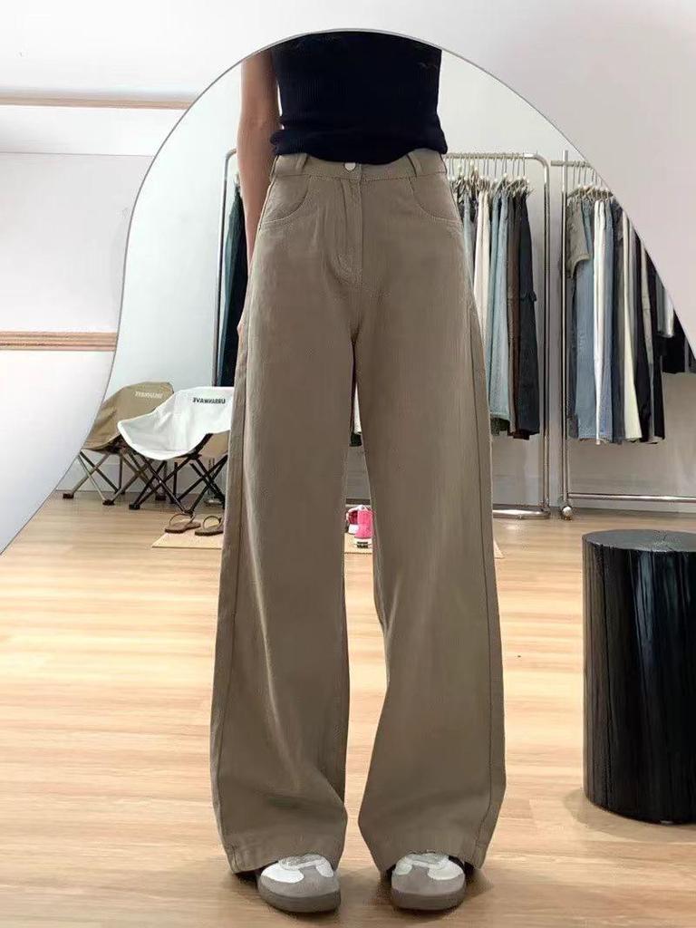 Women's Khaki Wide Leg Jeans - High Waist, Slimming, Versatile for Spring & Autumn