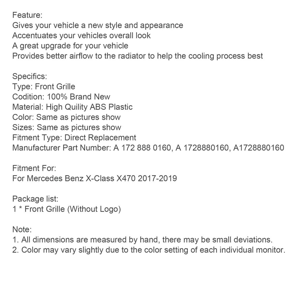 Schwarzer Frontstoßstangengrill Grill Passend für Mercedes Benz X-Klasse X470 2017-2019