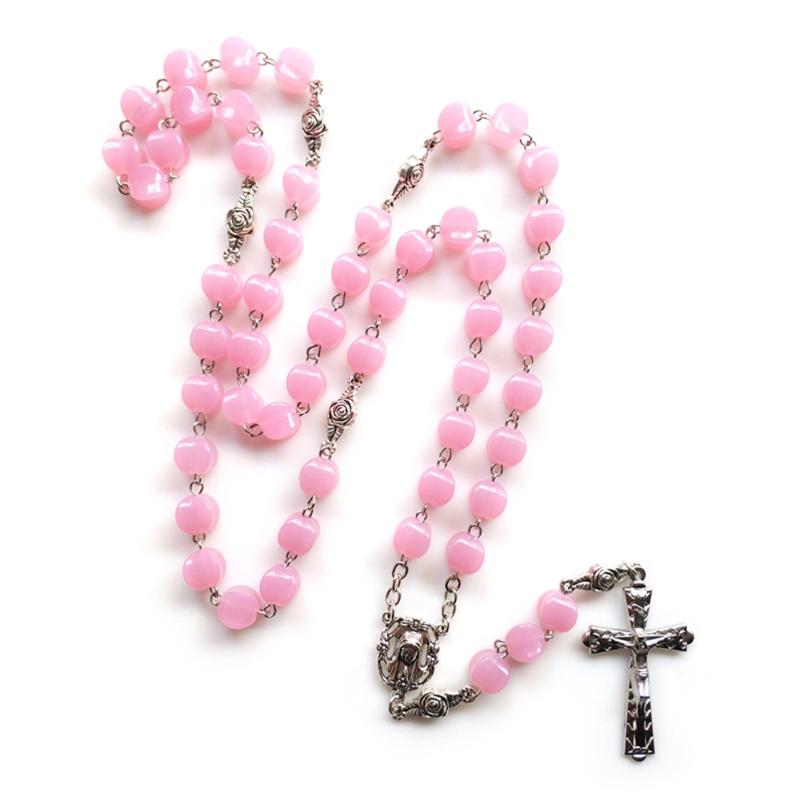 10mm Acrylic Bead Rosary Necklace Vintage Weave Catholic Religious Cross Jesus Pendant Necklaces for Men Women Jewelry Charm