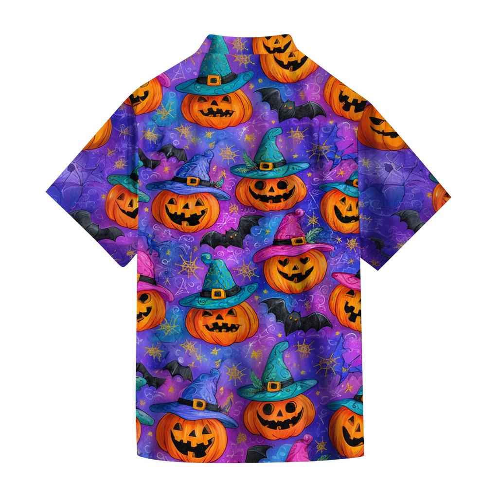 Men's Casual Short Sleeve Button Down Shirt Halloween Pumpkin Print Lightweight Breathable Fabric Summer Shirt