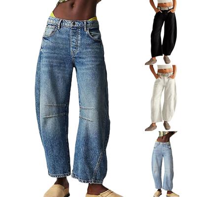 Women Baggy Mid Waist Jeans Wide Leg Loose Boyfriend Denim Pants Straight Leg Cropped Barrel Jeans