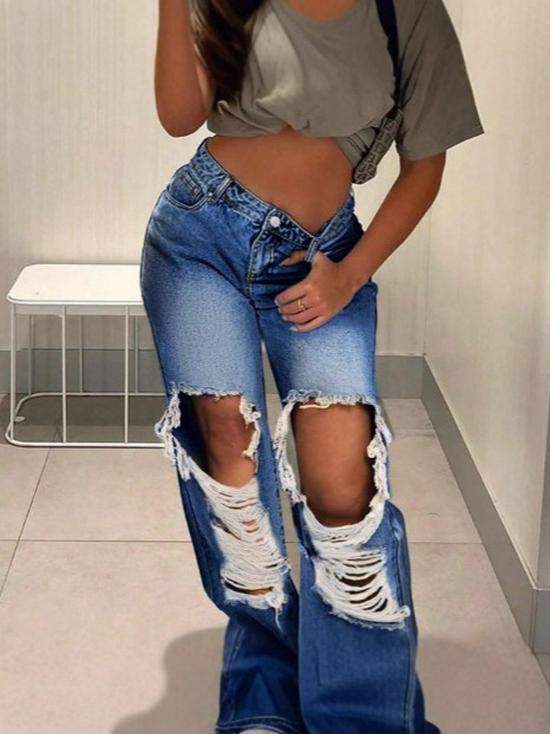 FR870404 European & American Classic Ripped Loose Fit Jeans
