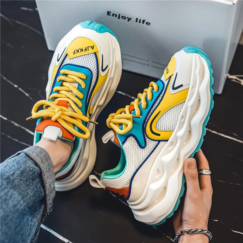 White Yellow Fashion Sneakers for Men Comfort Mesh Casual Sneakers Men Lace-up Platform Shoes Trainers Men Zapatillas De Hombre
