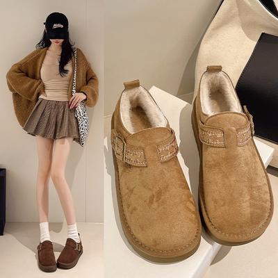 Leather Cotton Shoes Women's New Autumn and Winter Flat-bottomed One-pedal Lazy Shoes Velvet Warm Beanie Shoes Snow Boots