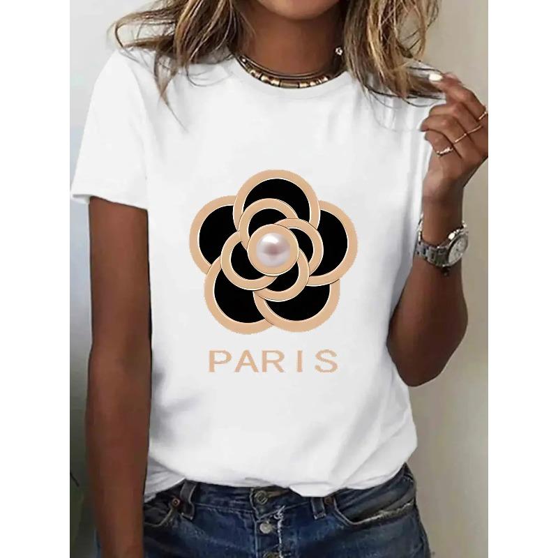 Dámské tričko s potiskem kamélií, kulatý výstřih, krátký rukáv, středně pružné, pratelné v pračce, ležérní, pro venkovní použití, celoroční top