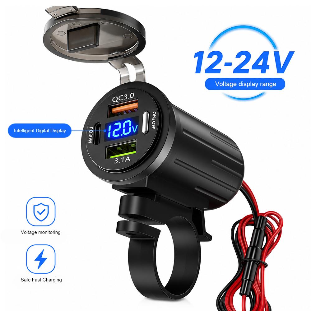 Waterproof Motorcycle Handlebar USB Charger Lighter Adapter 12V Power Socket Type-C Quick Charger for Car Boat ATV