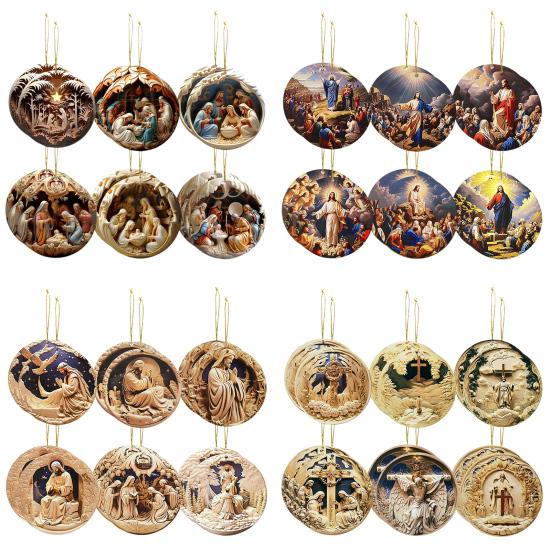12 Pcs Nativity Scene Ornament Round Wooden Birth of Jesus Christian Keepsake Religious Hanging Pendant for Christmas Home Car Decor