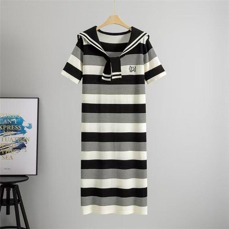 

Fashion Wind New Arrival Summer Fashion Sailor Collar Stripes Knitting Dress Knitted Striped Dress Black One size