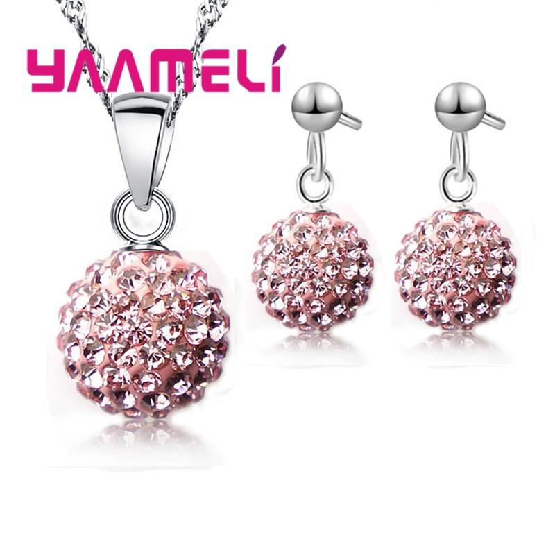 925 Sterling copper Stamped Bridal Zircon Sets Women Girls Wedding Gifts Austrian Crystal CZ Disco Ball Necklace Hoop Earrings
