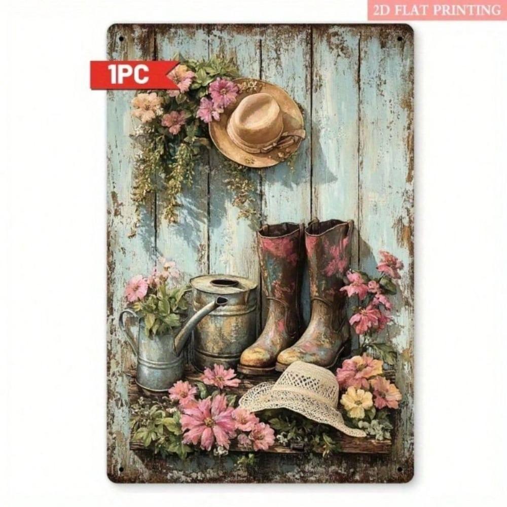 Metal Wall Art 2D Flat Watering Can and Hat Retro Farmhouse Decor for Living Room